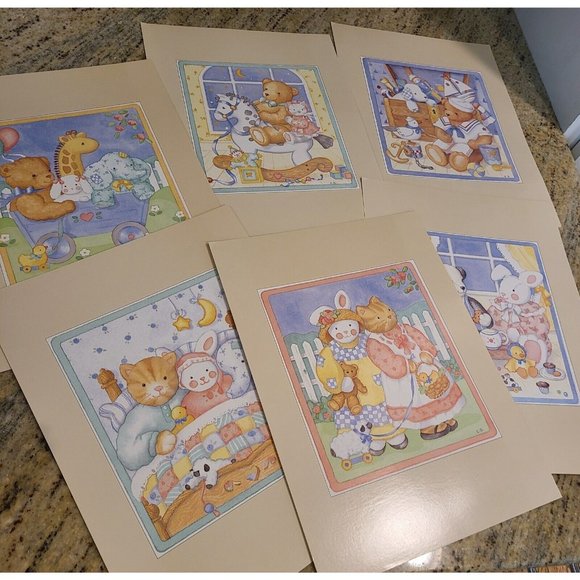 Elizabeth King Brownd Decorative Prints Children's Room Set of 6. Cat Bear Bunny - Picture 2 of 12